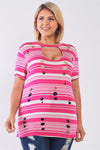 Junior Plus Size Fuchsia Striped and Distressed Cut-Out Top /2-2-2