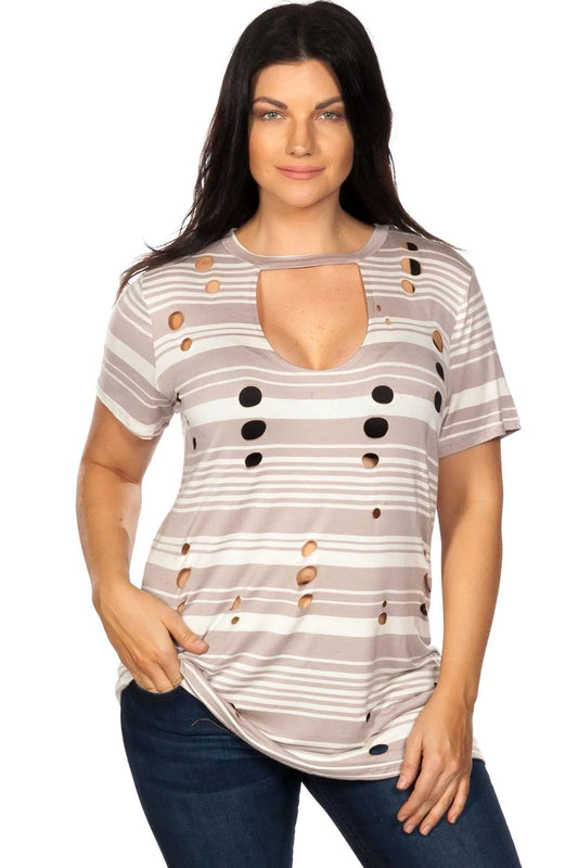 Junior Plus Size Khaki Striped and Distressed Cut-Out Top /2-2-2 - Tasha Apparel Wholesale