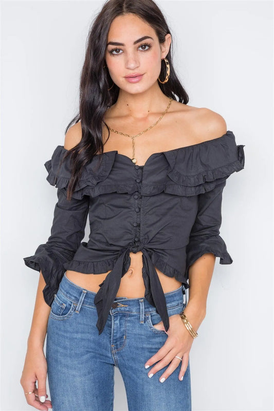 Black Off-The-Shoulder Ruffle Tie Front Crop Top /1-2-2 - Tasha Apparel Wholesale