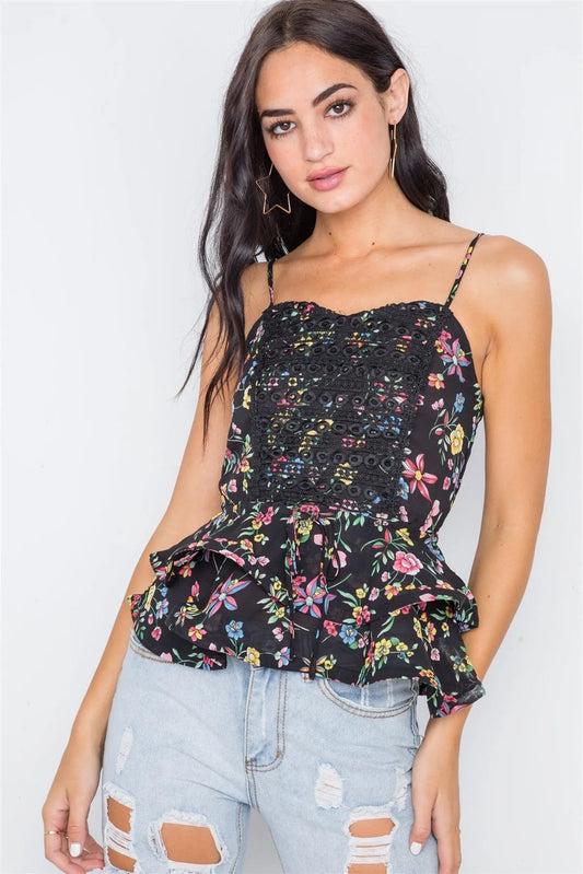Multi Black Floral Cami Flounce Crochet Top /2-2-2 - Tasha Apparel Wholesale
