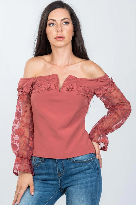 Mauve V-Wire Off The Shoulder Floral Applique Top /2-2-2 - Tasha Apparel Wholesale