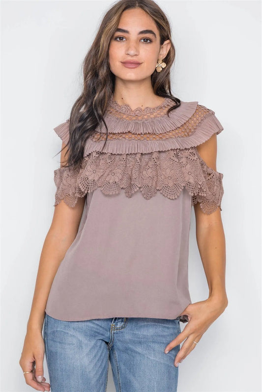 Mocha Crochet Trim Sleeveless Top - Tasha Apparel Wholesale
