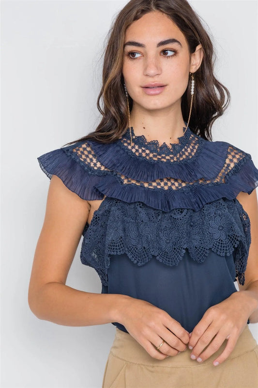 Navy Crochet Trim Sleeveless Top /2-2-2 - Tasha Apparel Wholesale