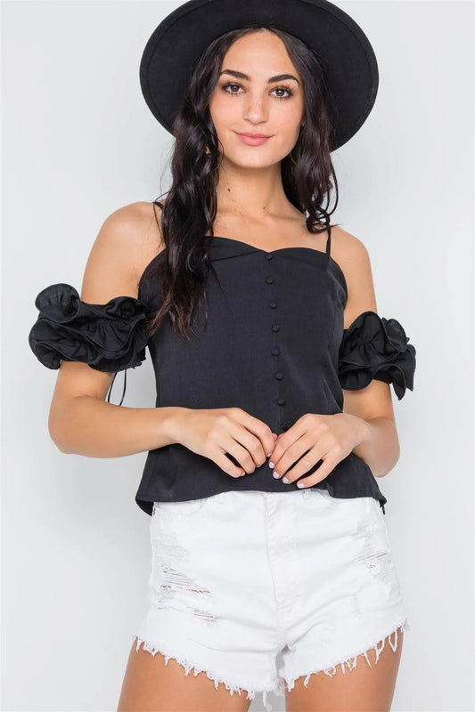 Black Cami Cold Shoulder Ruffle Sleeves Top - Tasha Apparel Wholesale