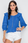 Blue Crochet Trim Button Down Boho Top /2-2-2 - Tasha Apparel Wholesale