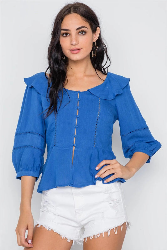 Blue Crochet Trim Button Down Boho Top /2-2-2 - Tasha Apparel Wholesale