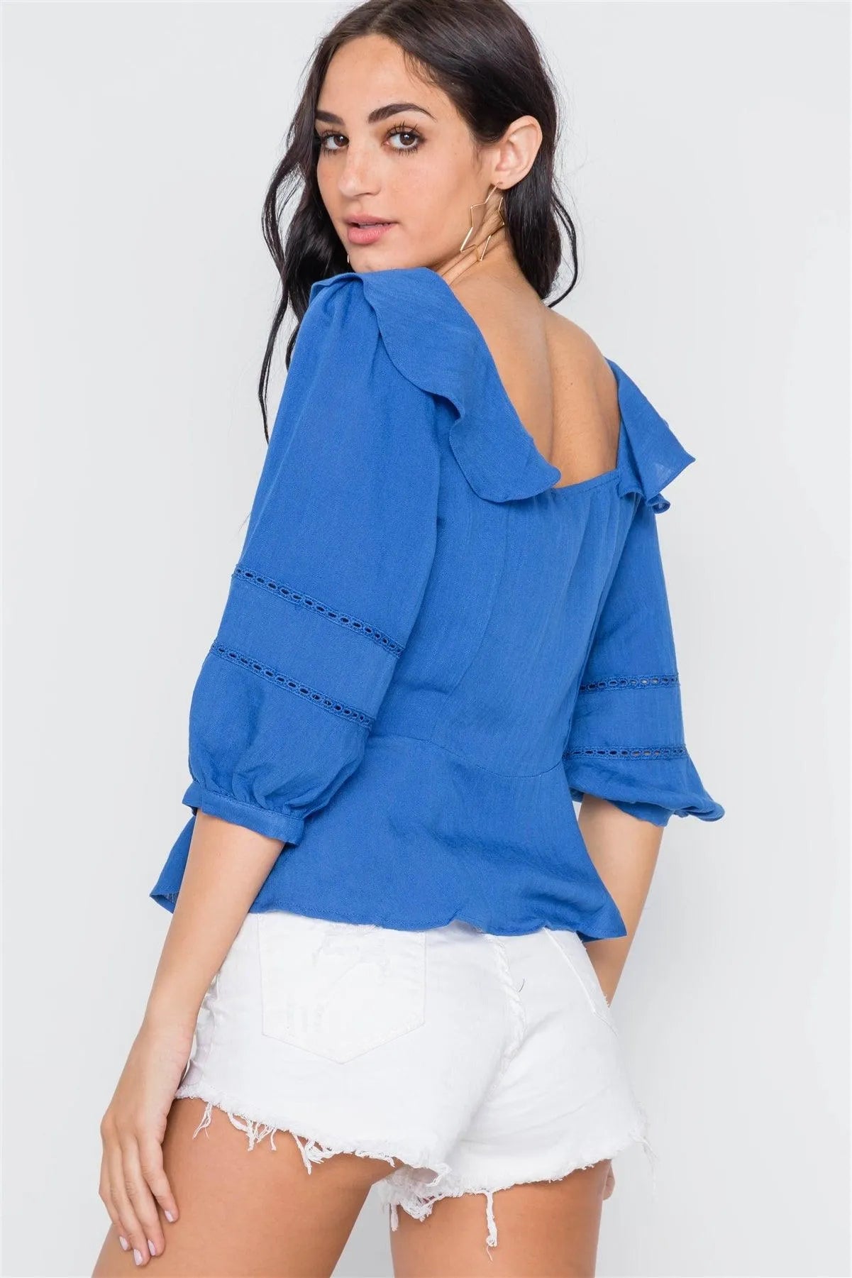 Blue Crochet Trim Button Down Boho Top /2-2-2 - Tasha Apparel Wholesale