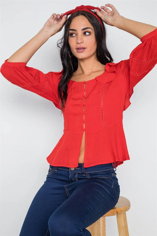 Tomato Red Crochet Trim Button Down Boho Top /2-2-2 - Tasha Apparel Wholesale