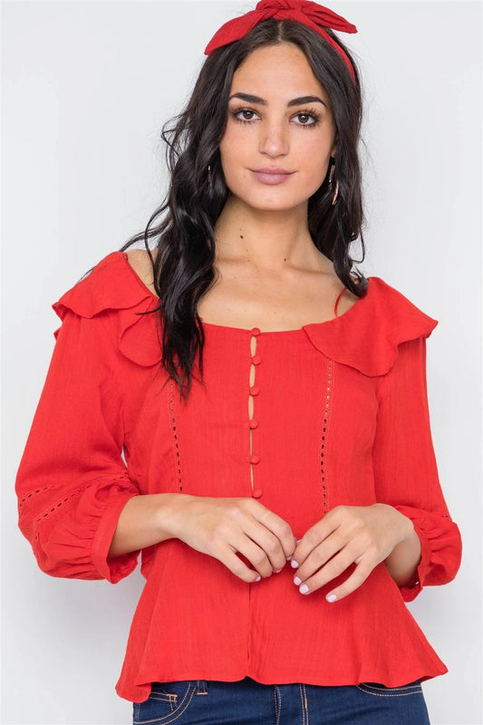 Tomato Red Crochet Trim Button Down Boho Top - Tasha Apparel Wholesale