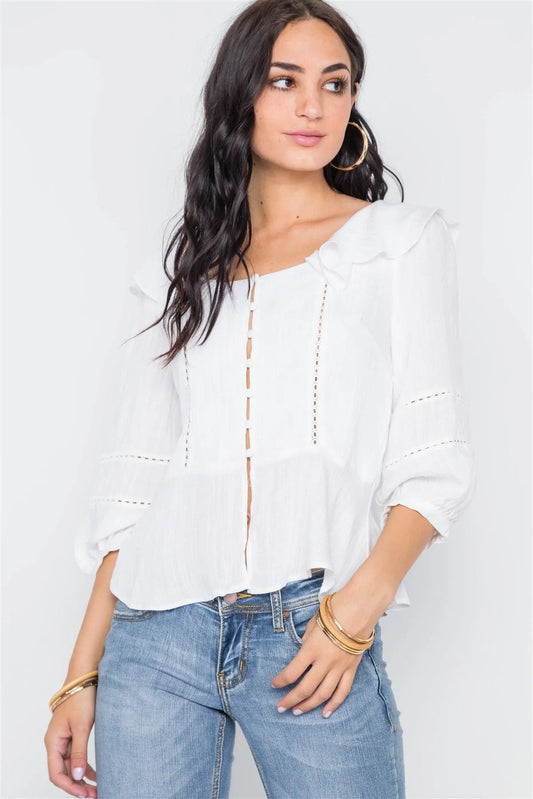 White Crochet Trim Button Down Boho Top /2-2-2 - Tasha Apparel Wholesale