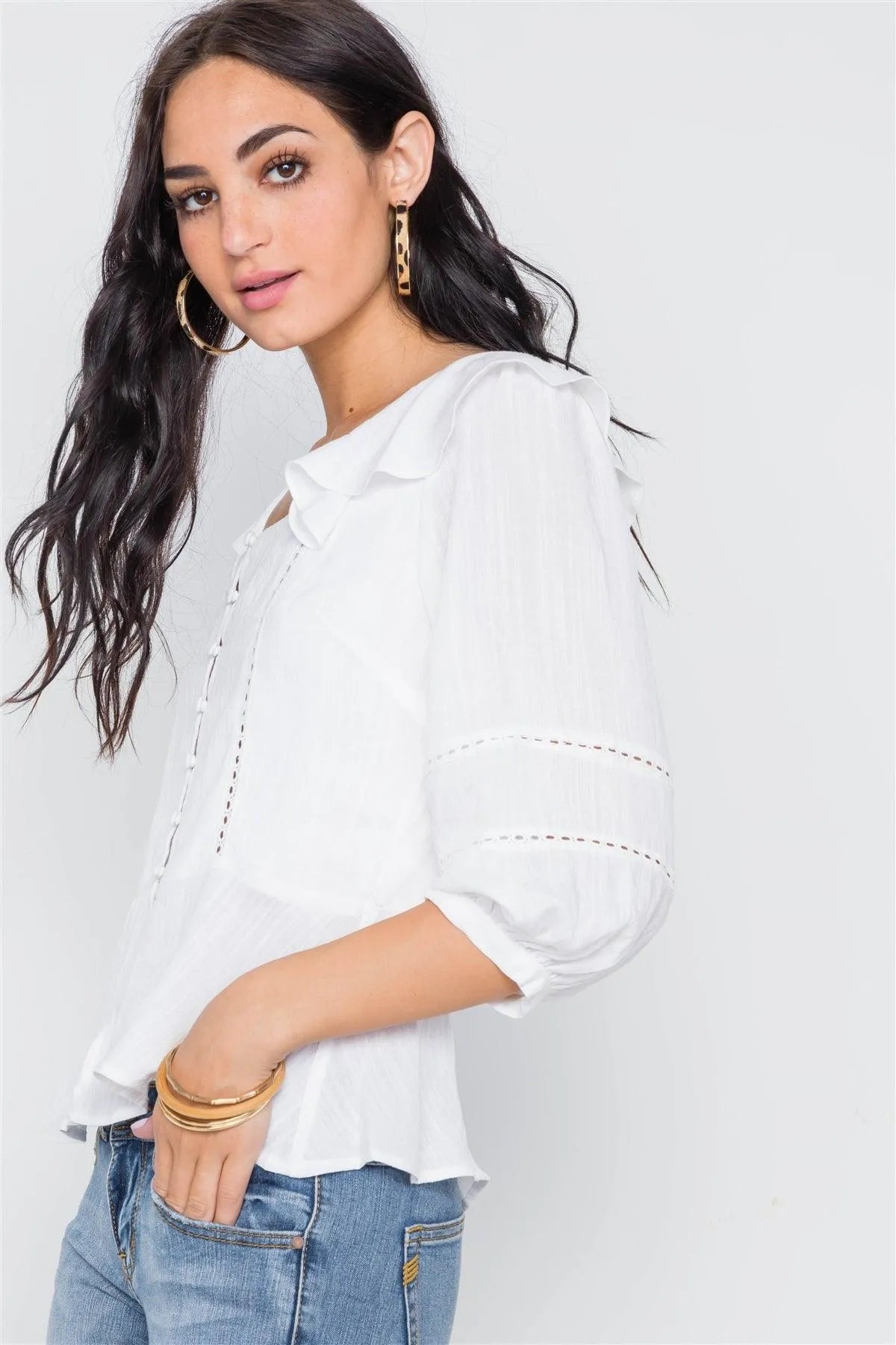 White Crochet Trim Button Down Boho Top /2-2-2 - Tasha Apparel Wholesale