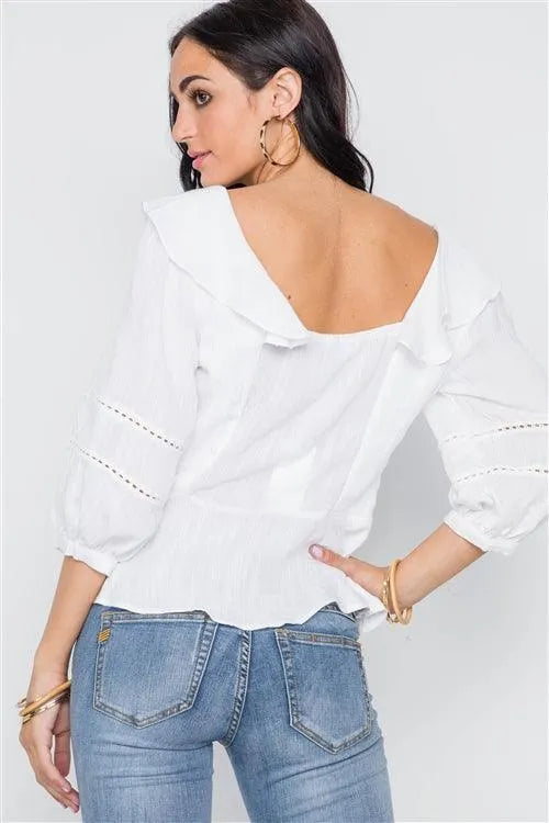 White Crochet Trim Button Down Boho Top /2-2-2 - Tasha Apparel Wholesale