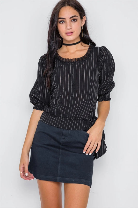 Black Side-Tie Rushed 3/4 Sleeve Top /2-2-2 - Tasha Apparel Wholesale