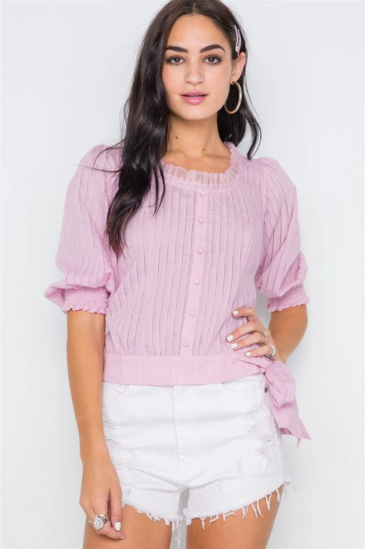 Lavender Side-Tie Rushed 3/4 Sleeve Top /2-2-2 - Tasha Apparel Wholesale