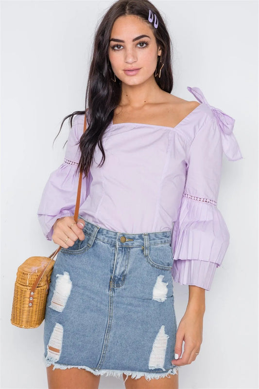 Lilac Square Neck Accordion Pleat Sleeves Top /2-2-2 - Tasha Apparel Wholesale