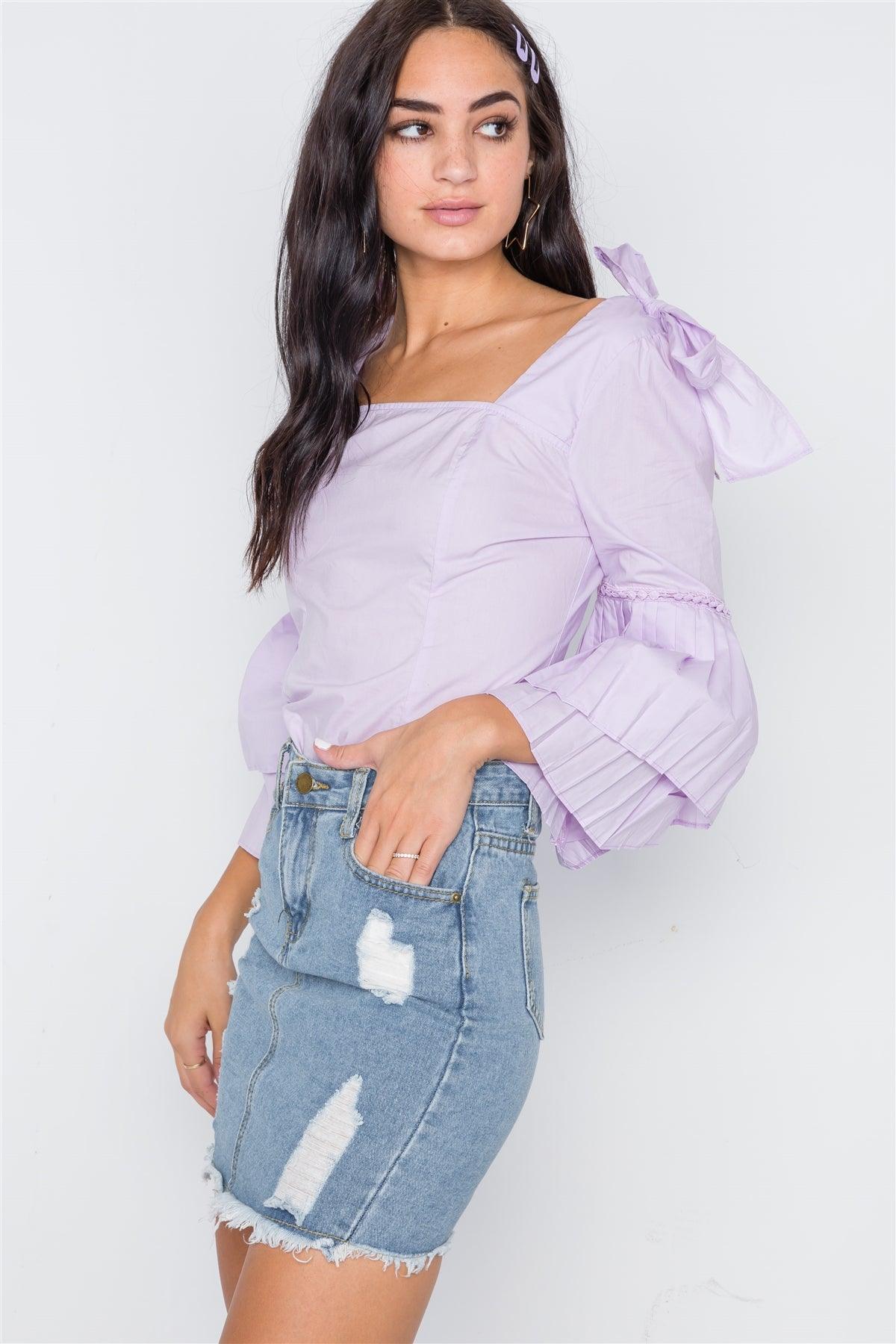 Lilac Square Neck Accordion Pleat Sleeves Top /2-2-2