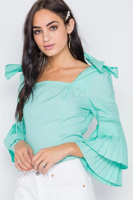 Mint Square Neck Accordion Pleat Sleeves Top /2-2-2 - Tasha Apparel Wholesale