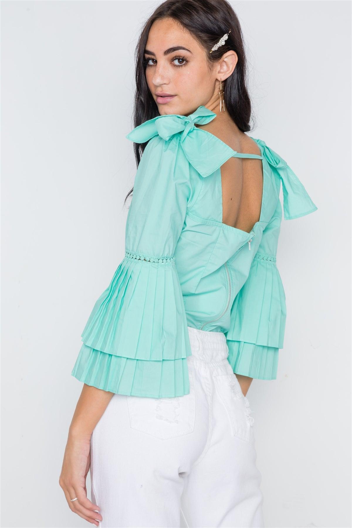 Mint Square Neck Accordion Pleat Sleeves Top /2-2-2