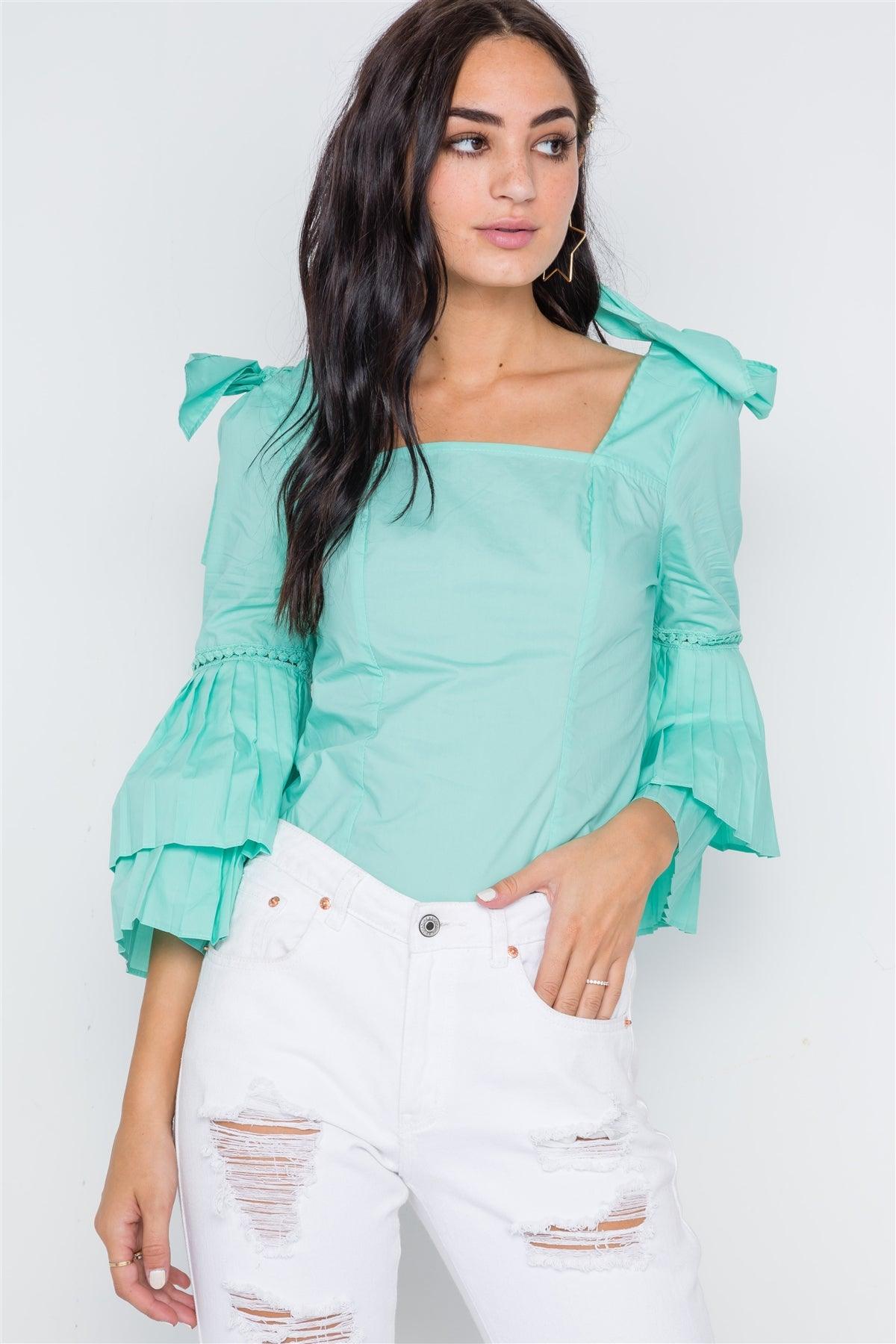 Mint Square Neck Accordion Pleat Sleeves Top /2-2-2
