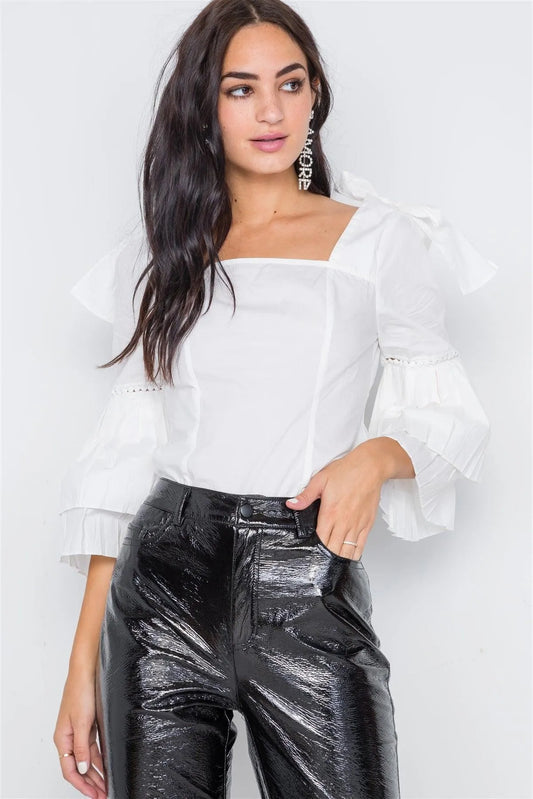 Off White Square Neck Accordion Pleat Sleeves Top /2-2-2 - Tasha Apparel Wholesale