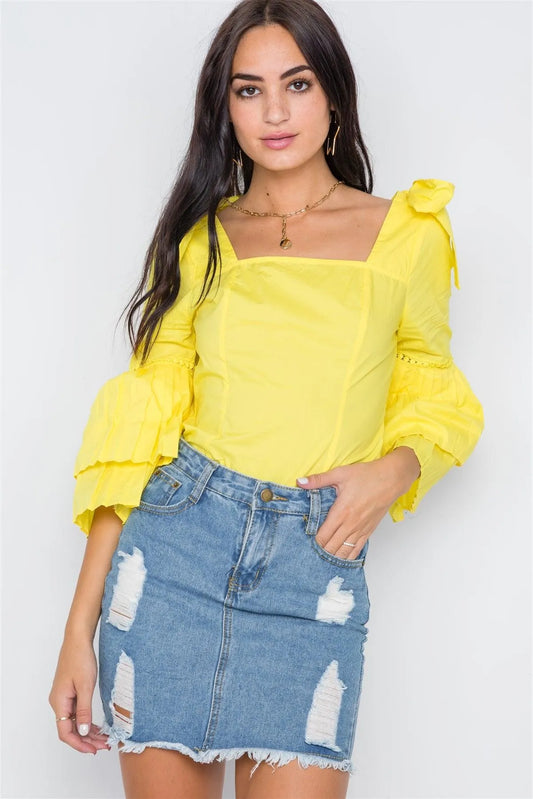 Yellow Square Neck Accordion Pleat Sleeves Top /2-2-2 - Tasha Apparel Wholesale