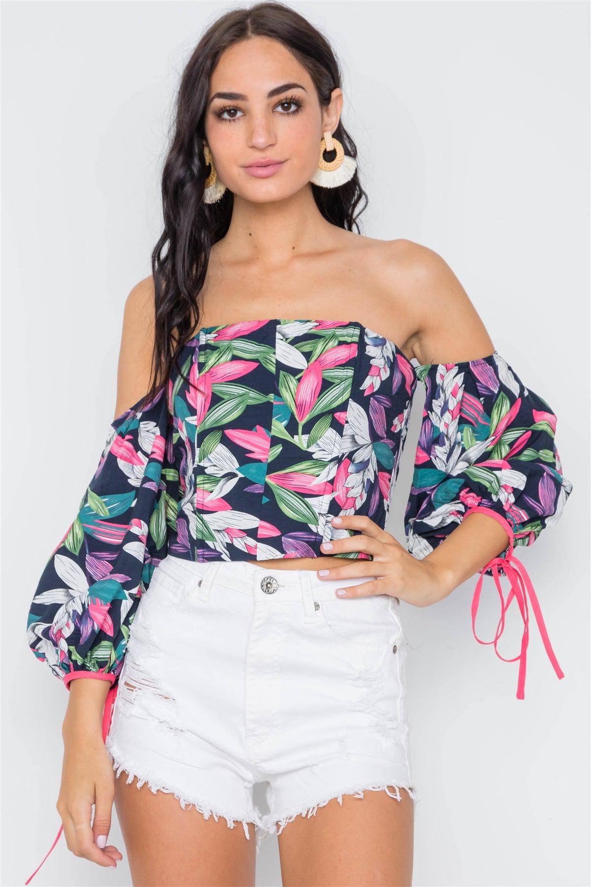 Navy Pink Off-The-Shoulder Puff Sleeves Top /2-2-2