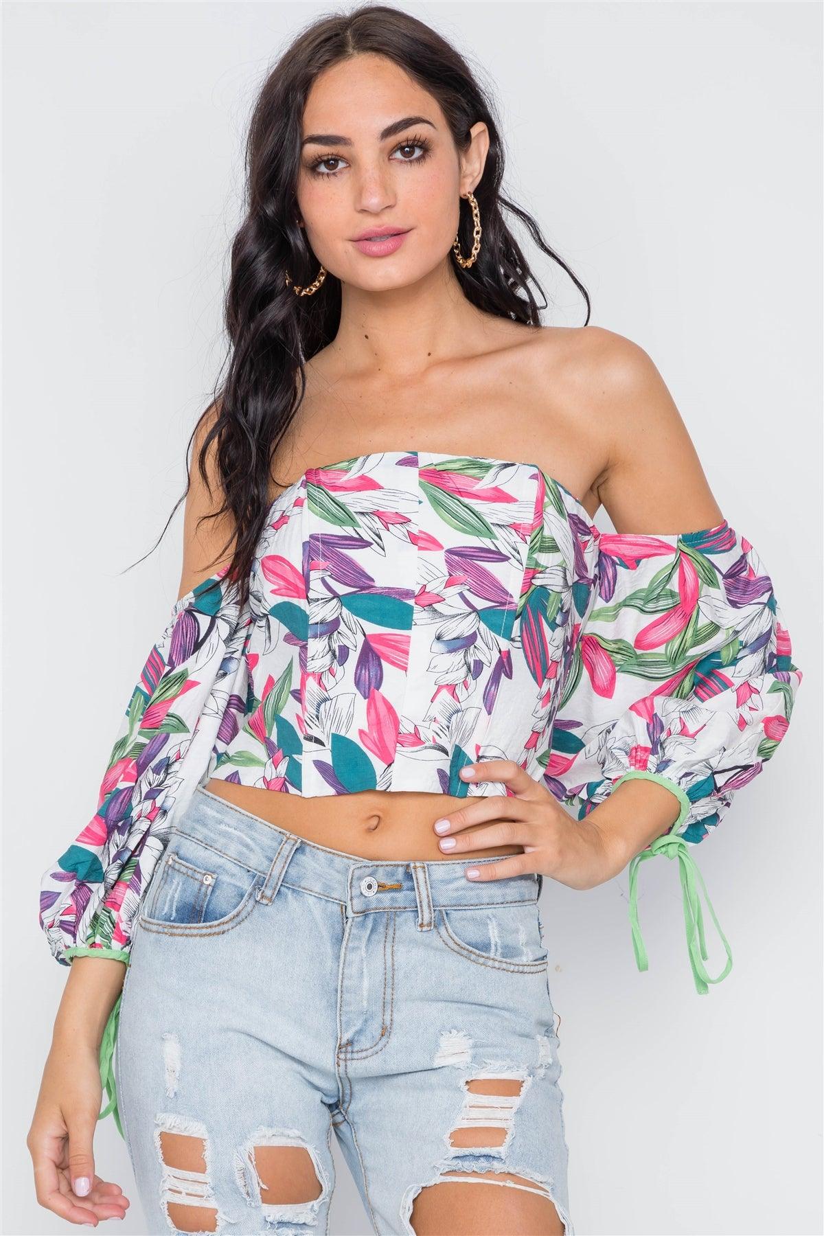 White Green Off-The-Shoulder Puff Sleeves Top