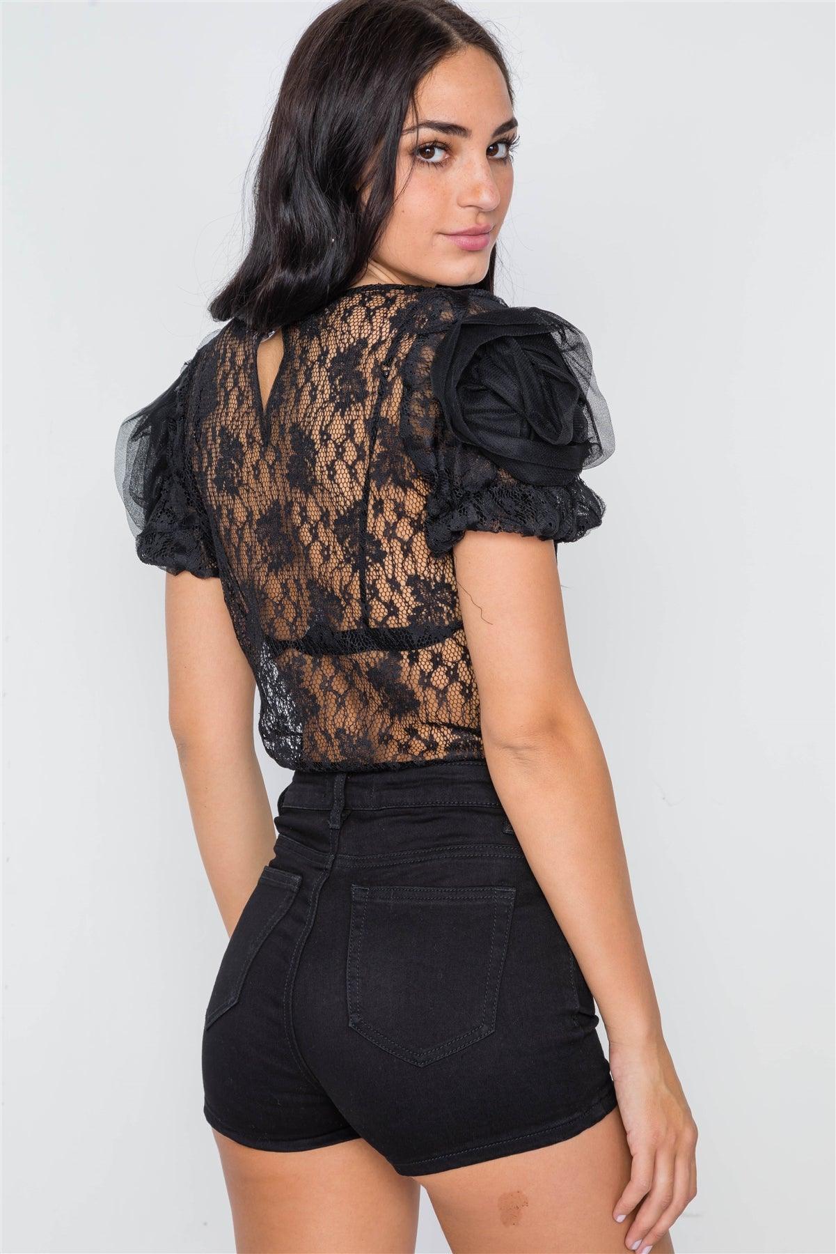 Black Floral Lace Mash Sleeves Sheer Top /2-2-2