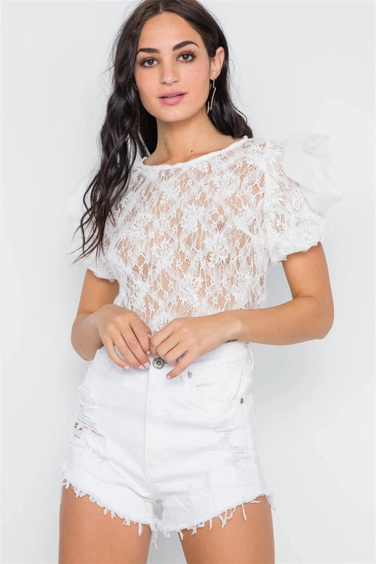 White Floral Lace Mash Sleeves Sheer Top /2-2-2 - Tasha Apparel Wholesale