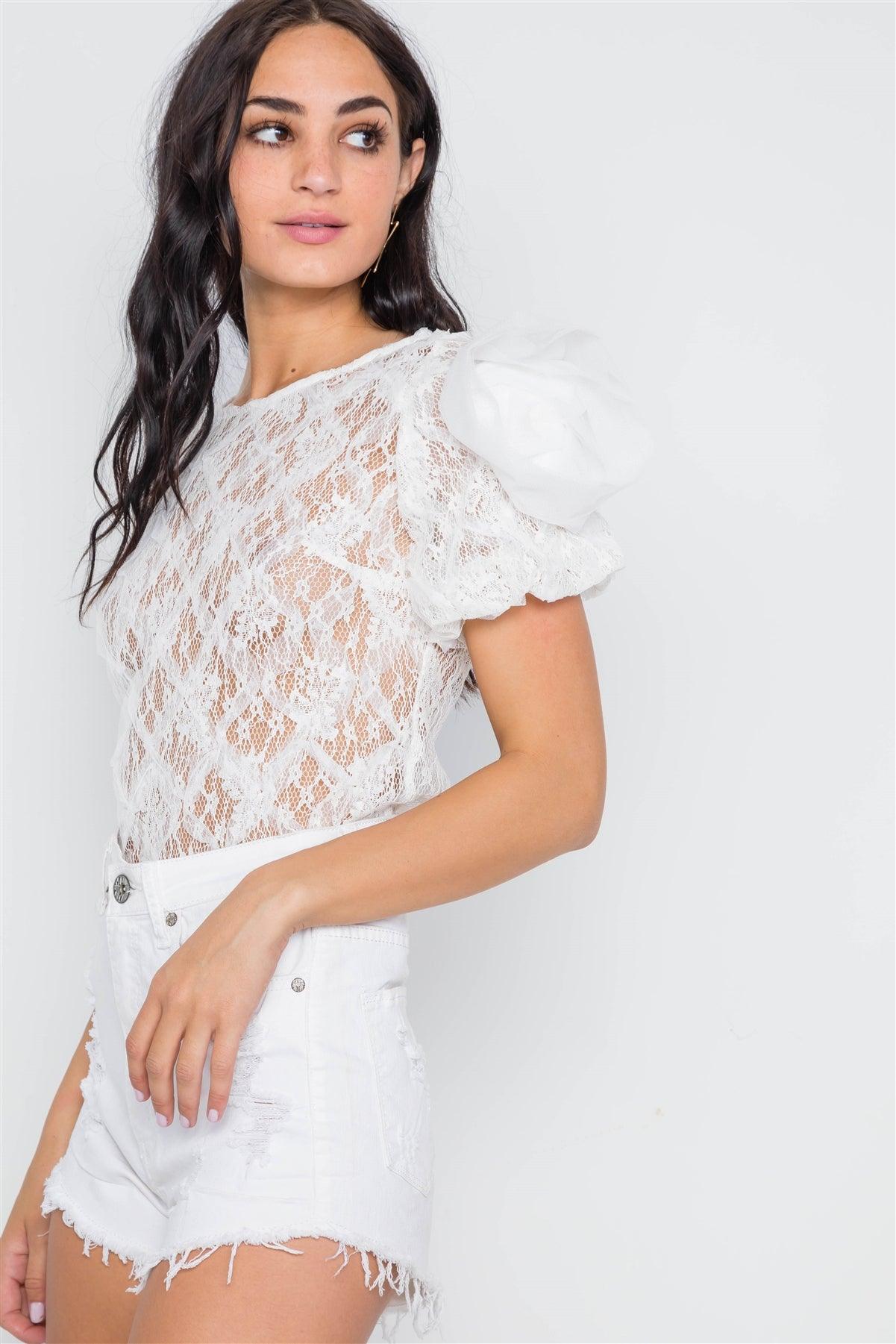 White Floral Lace Mash Sleeves Sheer Top