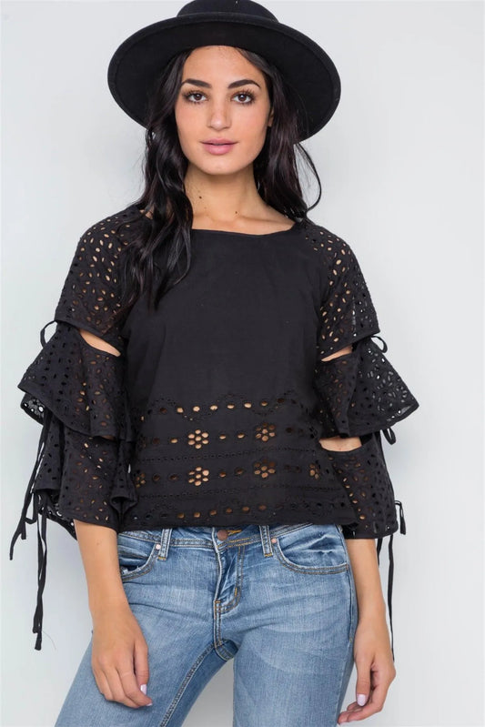 Black Floral Embroidery Cut Out Flounce Sleeve Top /2-2-2 - Tasha Apparel Wholesale