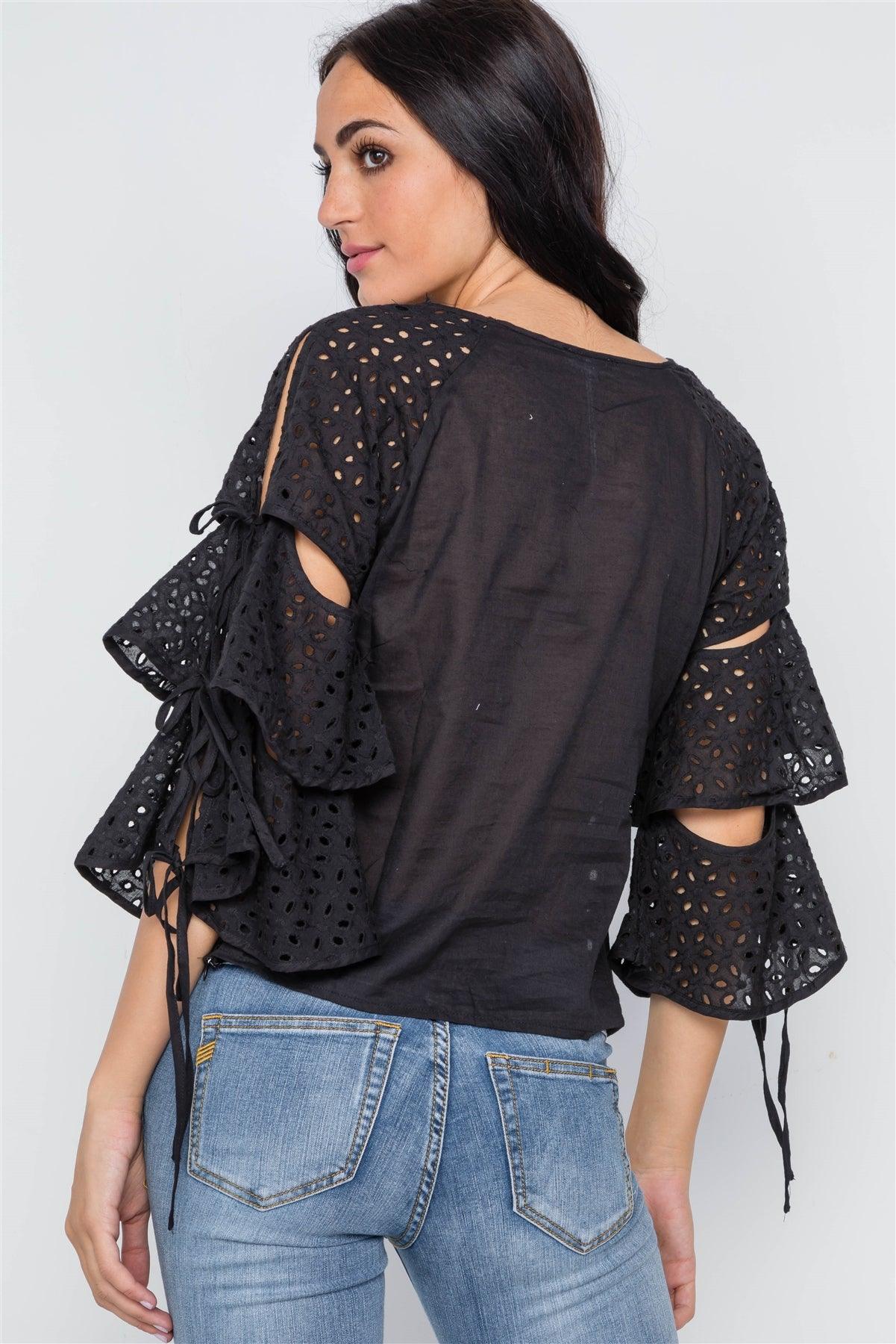 Black Floral Embroidery Cut Out Flounce Sleeve Top