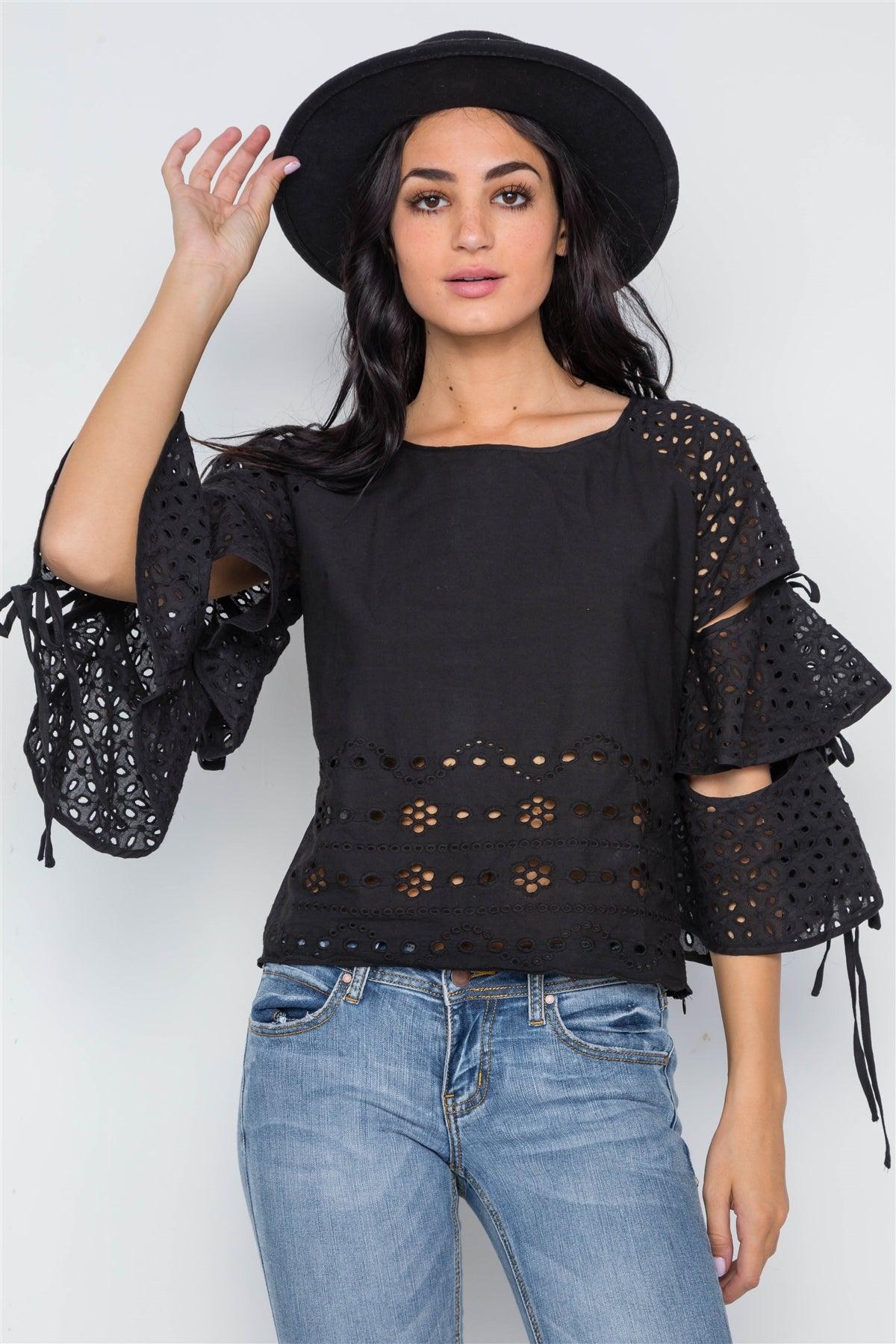 Black Floral Embroidery Cut Out Flounce Sleeve Top
