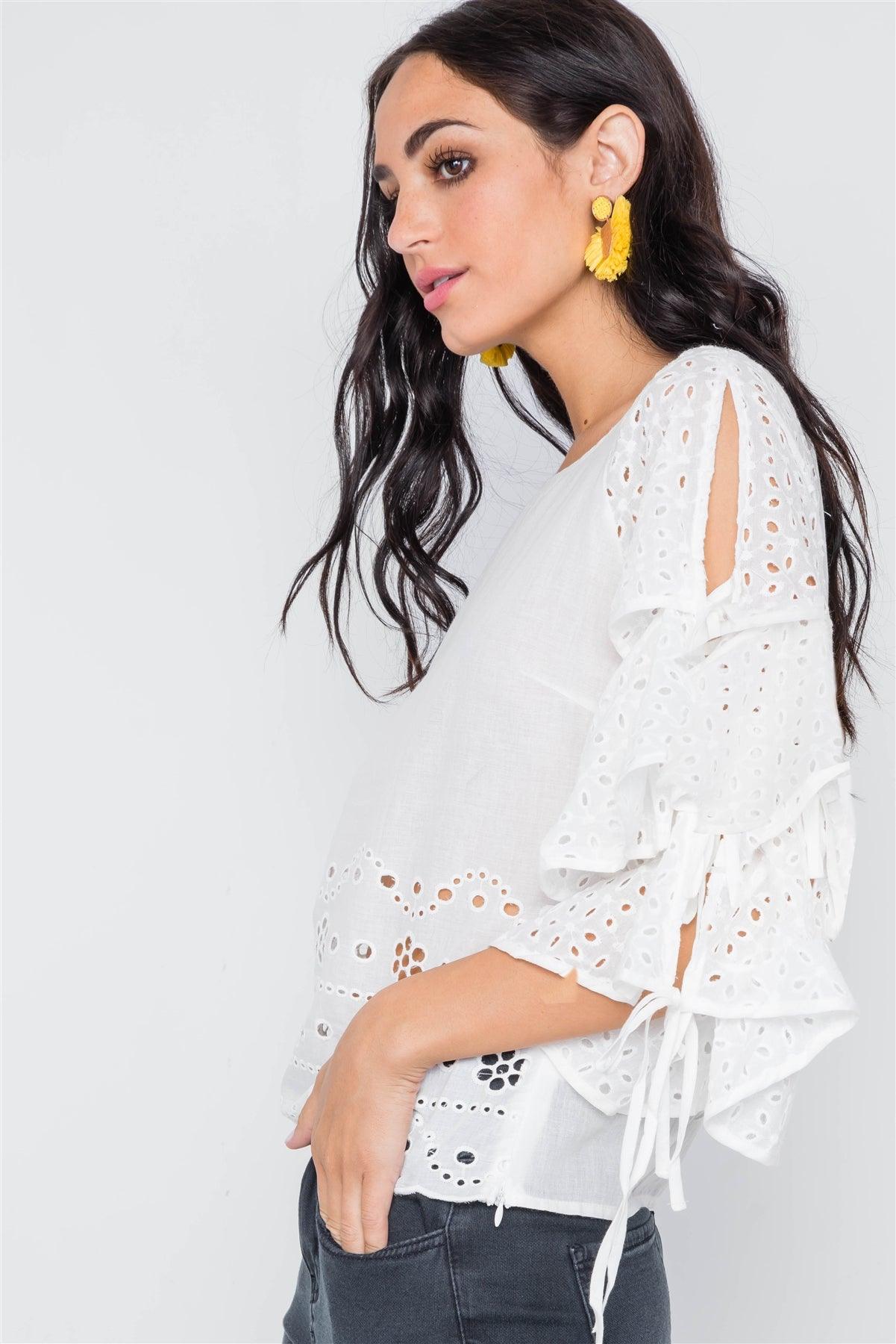 White Floral Embroidery Cut Out Flounce Sleeve Top /2-2-2