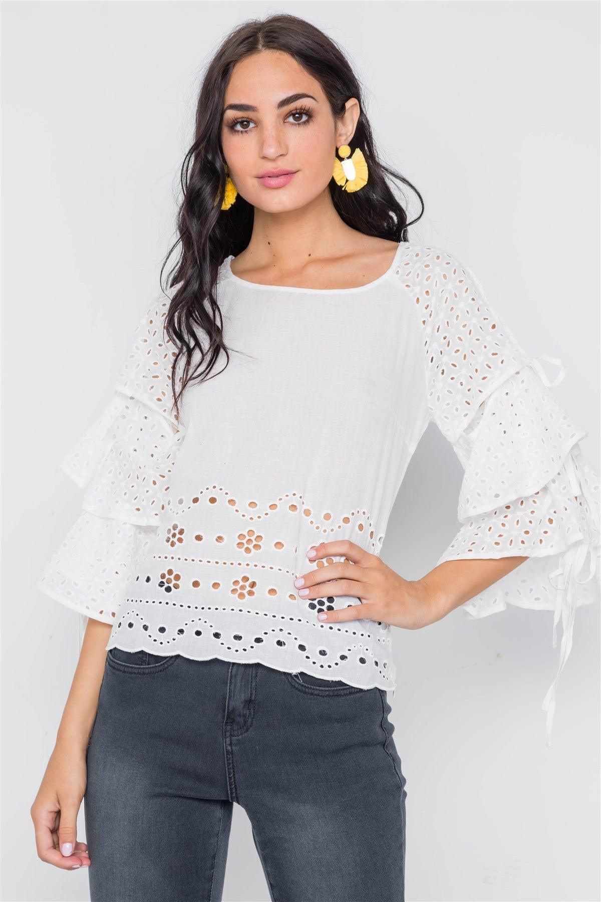 White Floral Embroidery Cut Out Flounce Sleeve