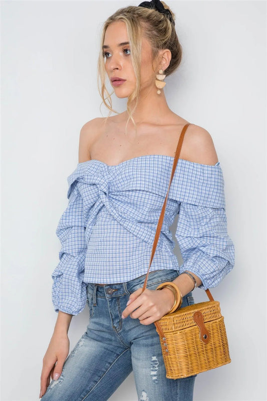 White Blue Plaid Twist Off-The-Shoulder Boho Top /2-2-2 - Tasha Apparel Wholesale