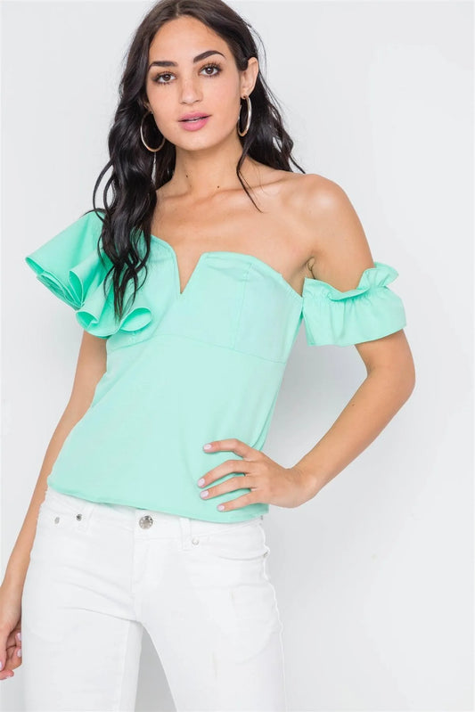 Mint Flounce Shoulder Sweetheart Neck Top - Tasha Apparel Wholesale