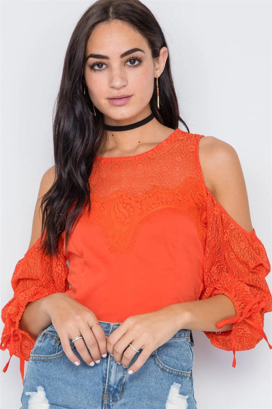 Orange Cold Shoulder Puff Sleeves Lace Combo Top /2-2-2 - Tasha Apparel Wholesale
