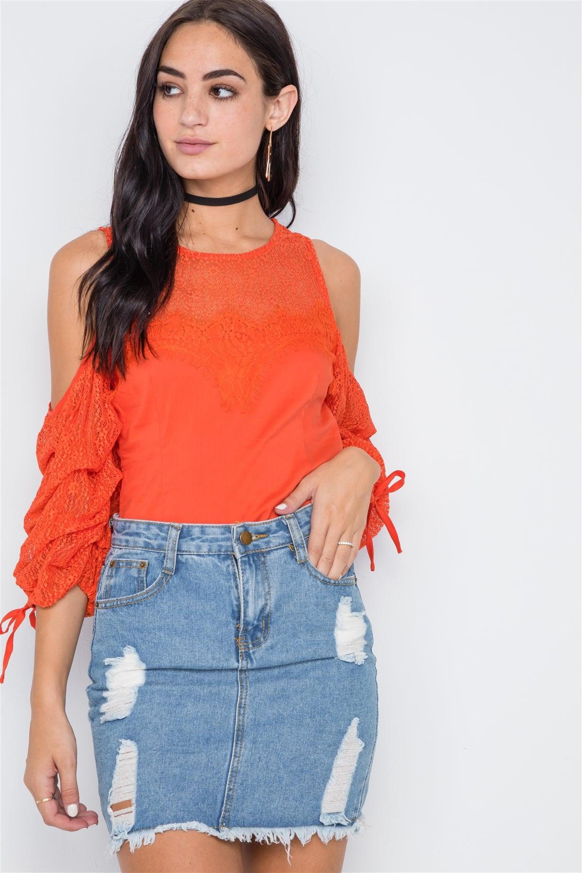 Orange Cold Shoulder Puff Sleeves Lace Combo Top /2-2-2