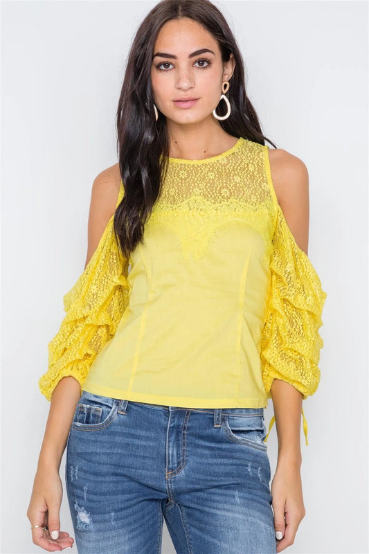 Yellow Cold Shoulder Puff Sleeves Lace Combo Top /2-2-2 - Tasha Apparel Wholesale