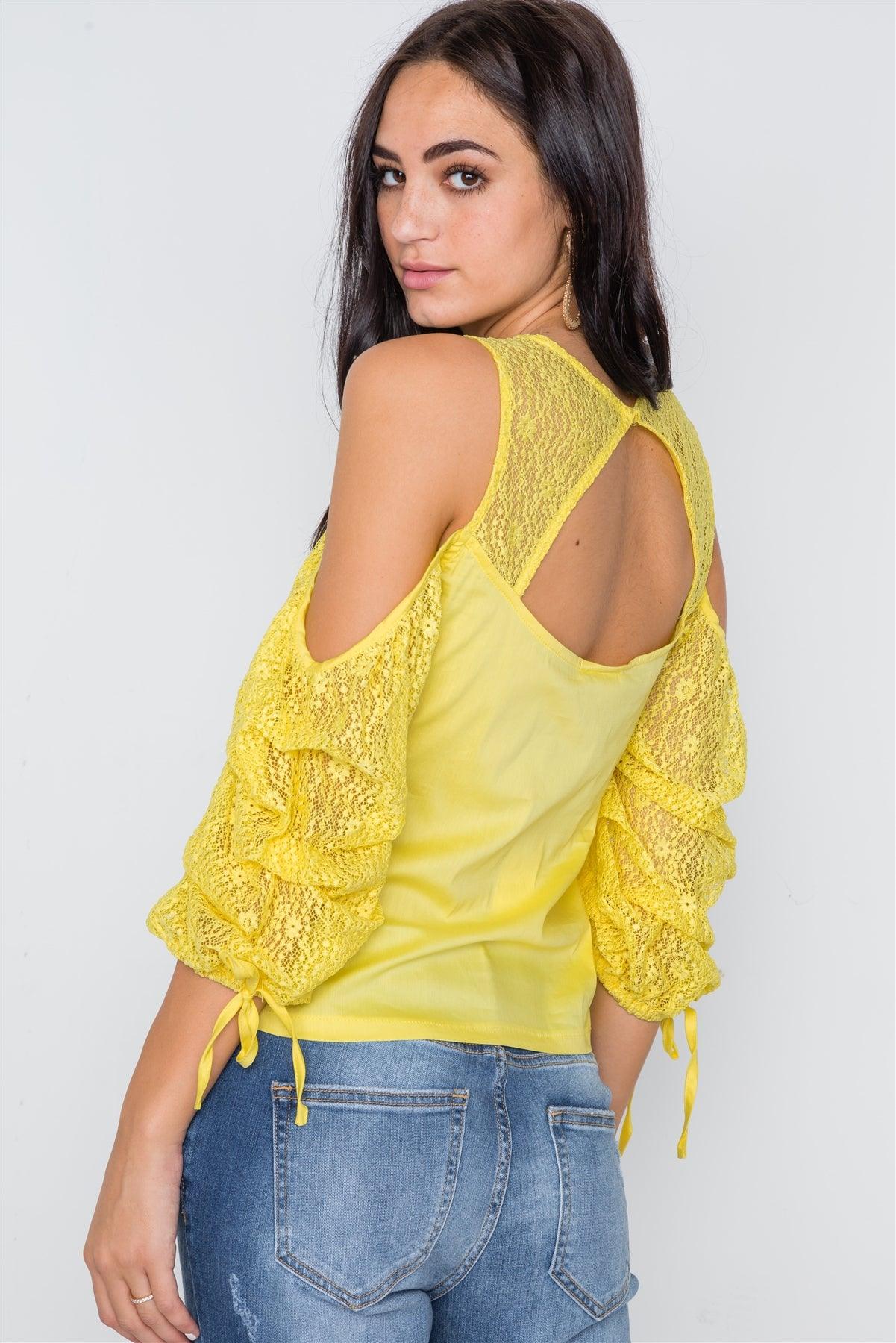 Yellow Cold Shoulder Puff Sleeves Lace Combo Top /2-2-2