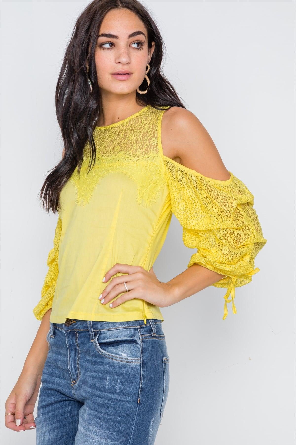 Yellow Cold Shoulder Puff Sleeves Lace Combo Top /2-2-2
