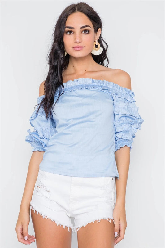 Blue Puff Sleeve Off-The-Shoulder Top - Tasha Apparel Wholesale