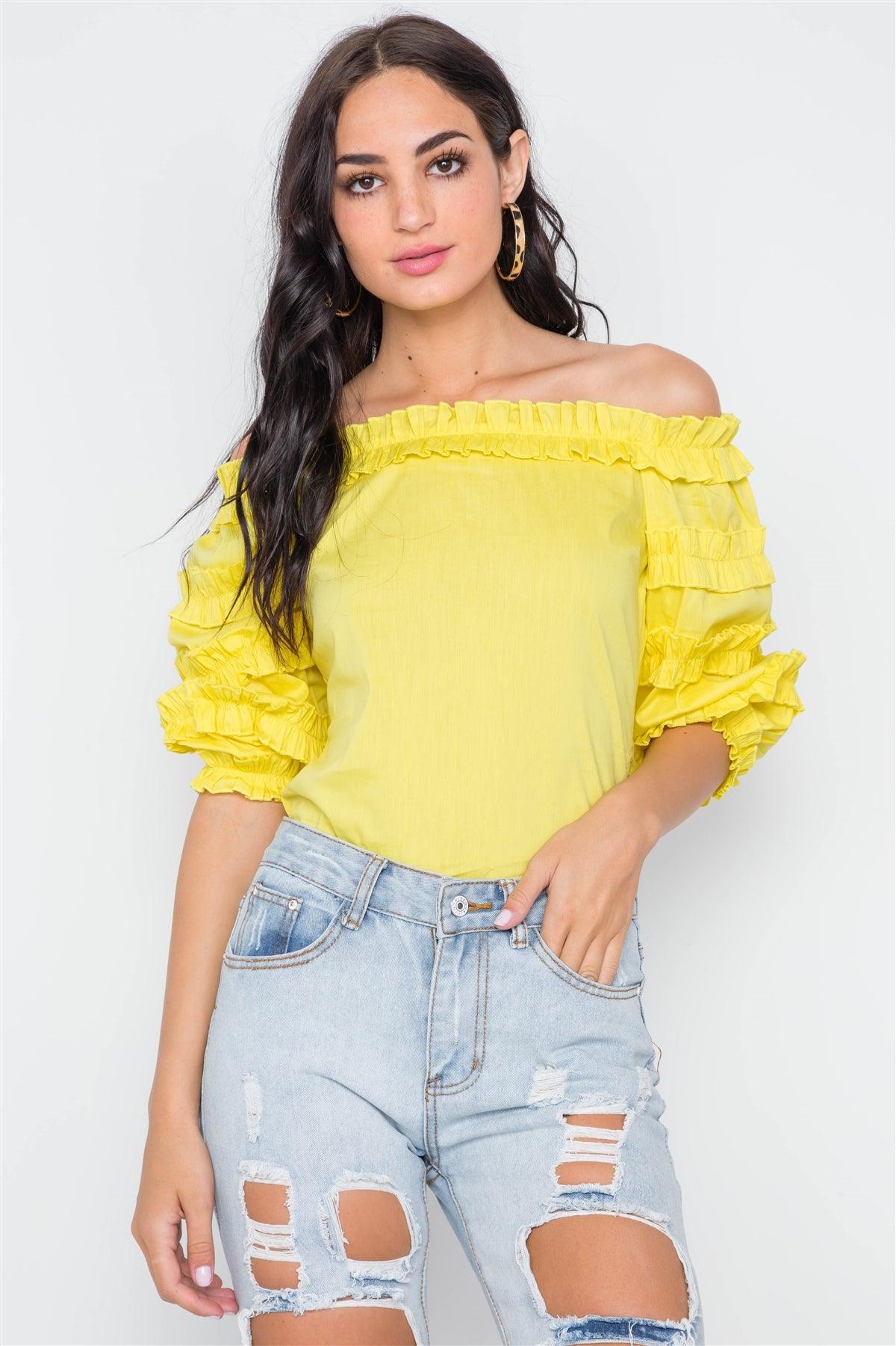 Yellow Puff Sleeve Off-The-Shoulder Top