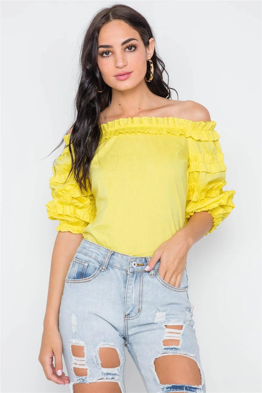 Yellow Puff Sleeve Off-The-Shoulder Top - Tasha Apparel Wholesale
