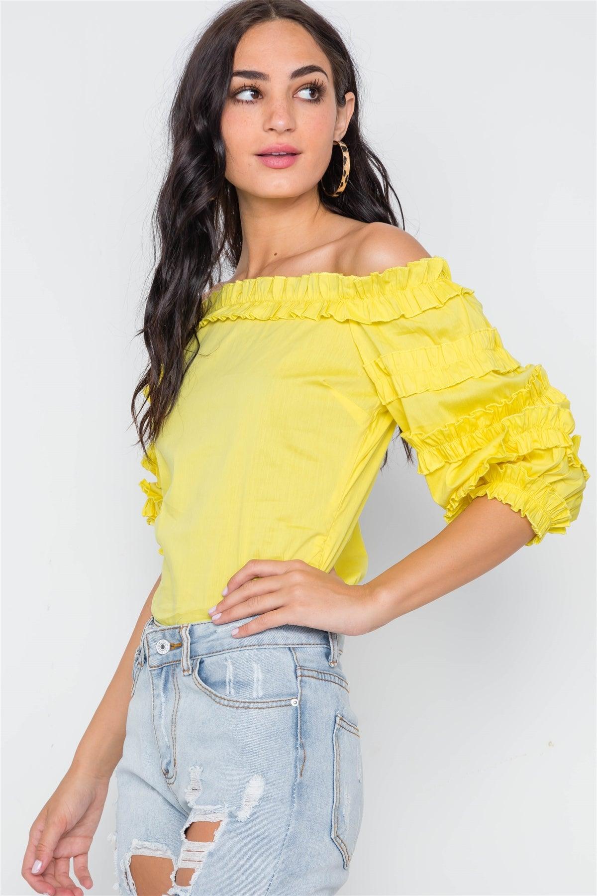 Yellow Puff Sleeve Off-The-Shoulder Top