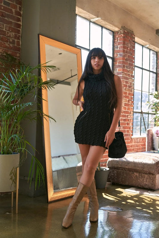 Black Cowl Neck Zip-Accent Sleeveless Boho Sweater Mini Dress /2-2-2 - Tasha Apparel Wholesale