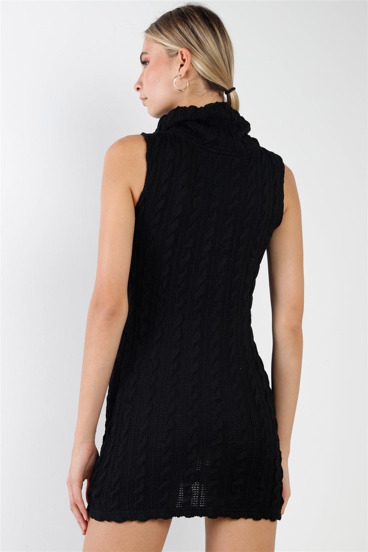 Black Cowl Neck Zip-Accent Sleeveless Boho Sweater Mini Dress /2-2-2