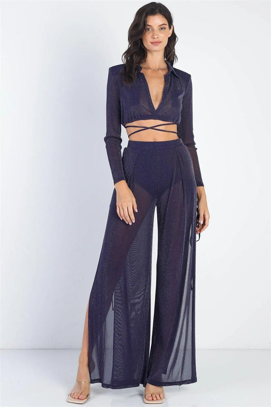Navy Lurex Shoulder Pad Long Sleeve Collared Top & High Waist Side Slits Self-Tie Detail Pants Set /1-2-2 - Tasha Apparel Wholesale