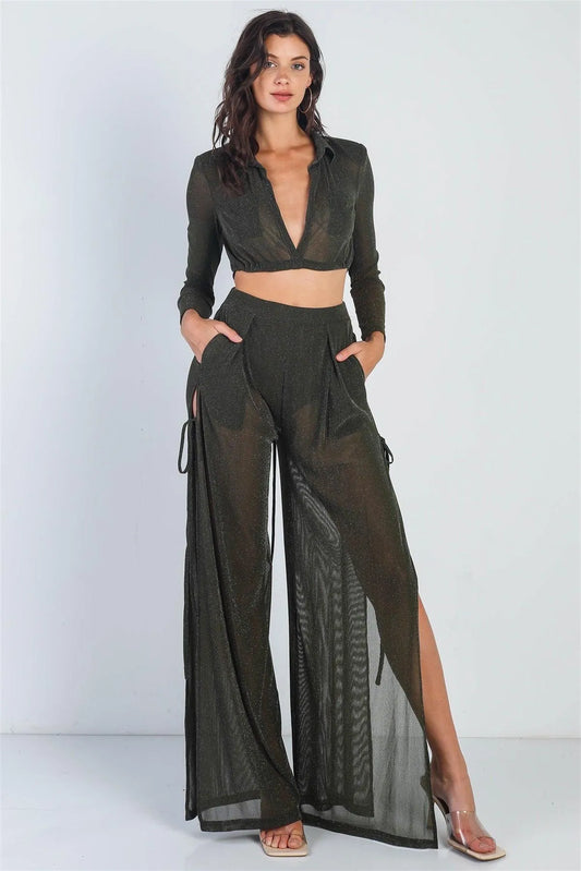 Olive Lurex Shoulder Pad Long Sleeve Collared Top & High Waist Side Slits Self-Tie Detail Pants Set /2-2 - Tasha Apparel Wholesale
